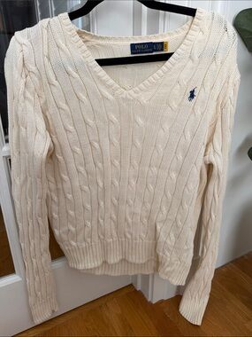 Polo by Ralph Lauren Cream Cable V-Neck Sweater with Navy Pony
